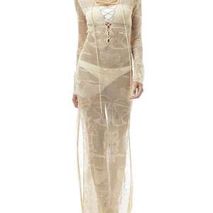 Plaj Elbise Kadınlar Seksi Şeffaf Tığ Çiçek Örme Bikini Cover Up Uzun Kollu Beachwear Mayo