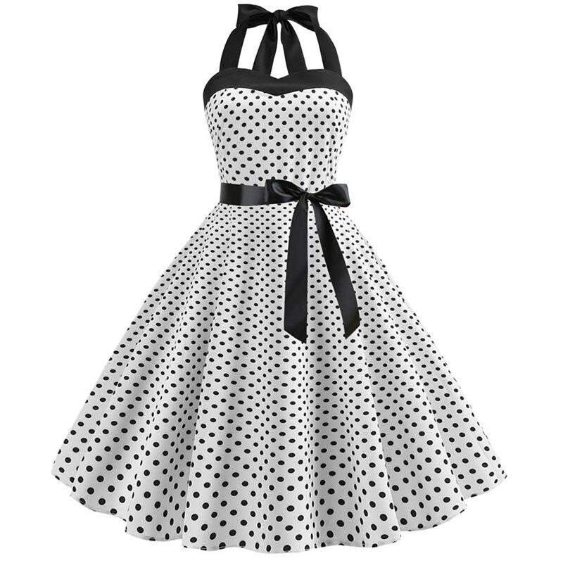 Seksi Retro Beyaz Puantiyeli Elbise Audrey Hepburn Vintage Halter Parti Elbise 50 ler 60 lar Pin Up Rockabilly Elbise Robe Kolsuz elbise Ervareklam