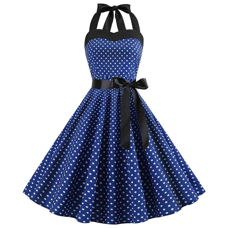 Seksi Retro Beyaz Puantiyeli Elbise Audrey Hepburn Vintage Halter Parti Elbise 50 ler 60 lar Pin Up Rockabilly Elbise Robe Kolsuz elbise Ervareklam